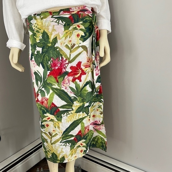 NWT Panama Jack Linen Blend Floral Tropical Green White Red Midi Wrap Skirt M - Picture 1 of 11